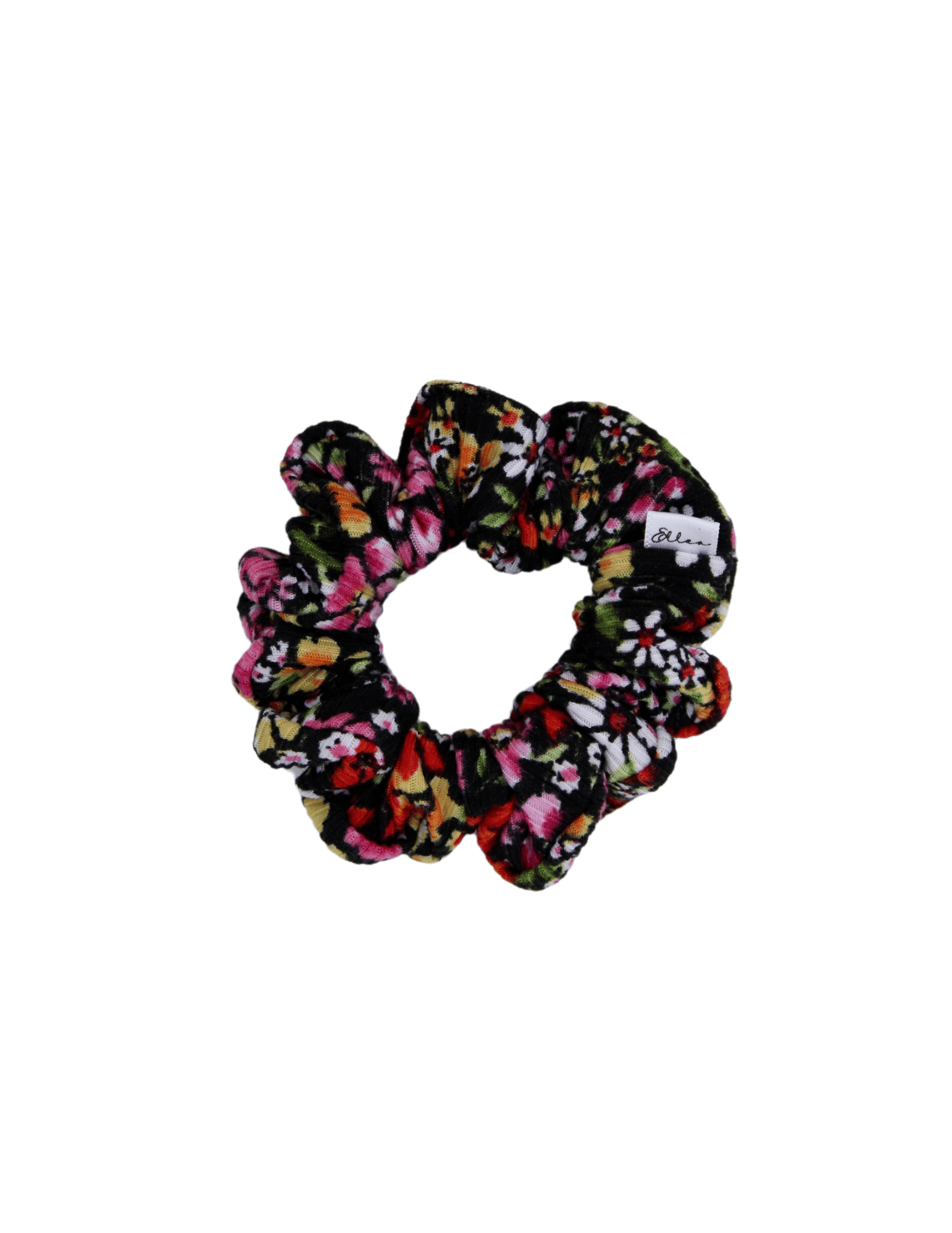 Black Floral Ribbed Scrunchie - ElleaShop