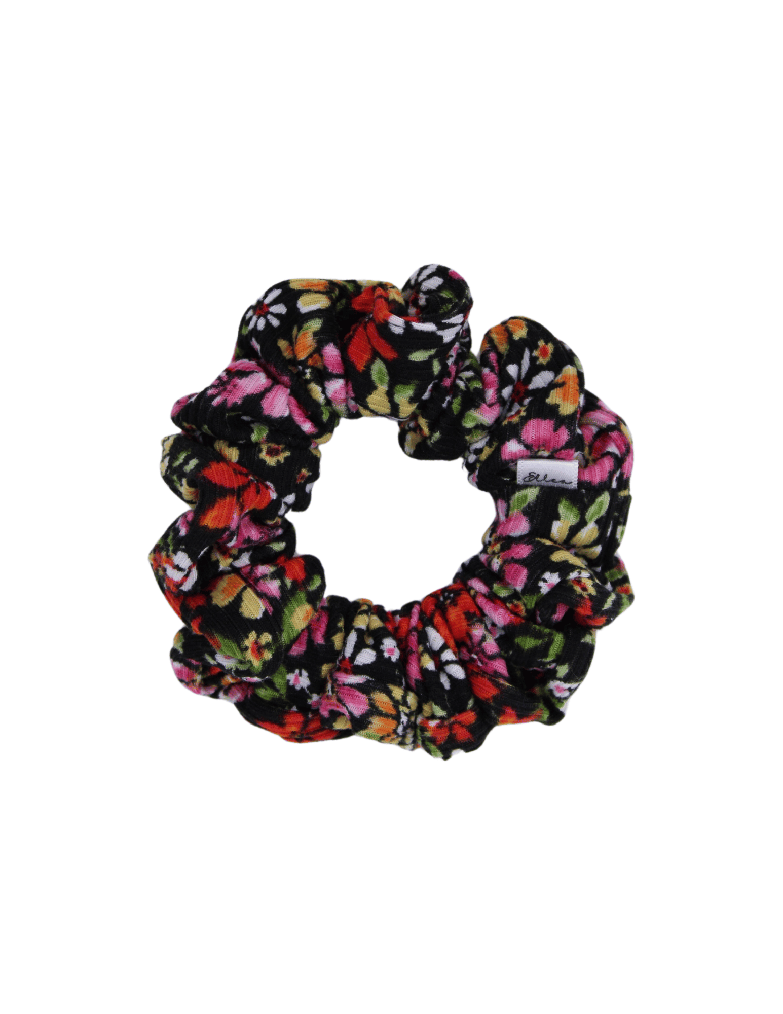 Black Floral Ribbed Scrunchie - ElleaShop