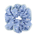 Blue Gingham Pom Pom Scrunchie - ElleaShop