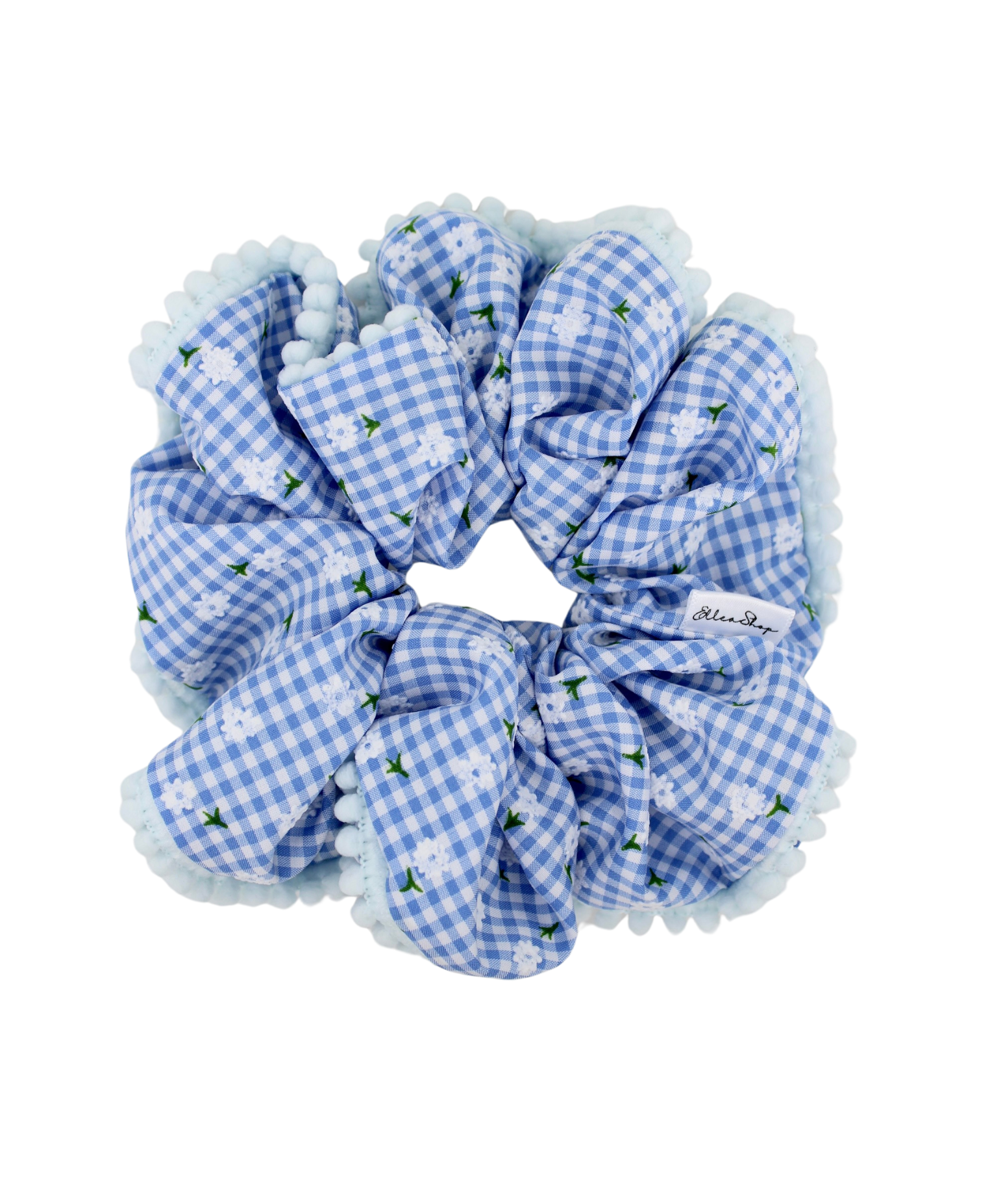 Blue Gingham Pom Pom Scrunchie