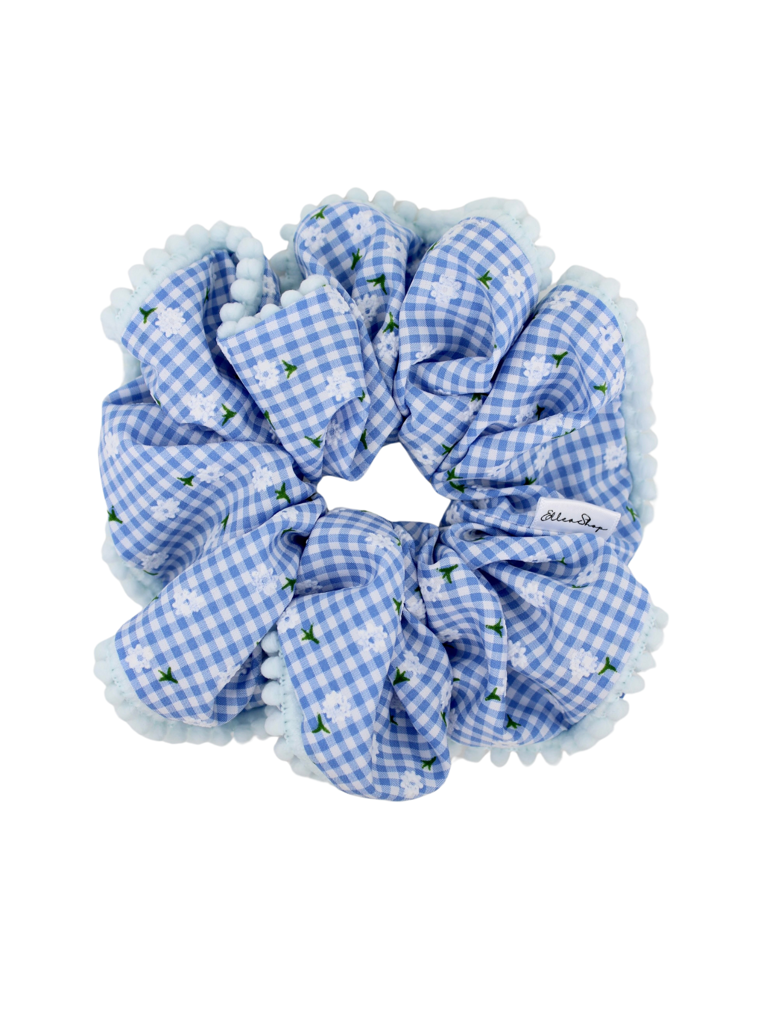 Blue Gingham Pom Pom Scrunchie - ElleaShop