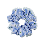 Blue Gingham Pom Pom Scrunchie - ElleaShop