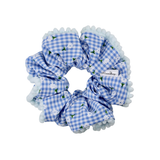 Blue Gingham Pom Pom Scrunchie - ElleaShop