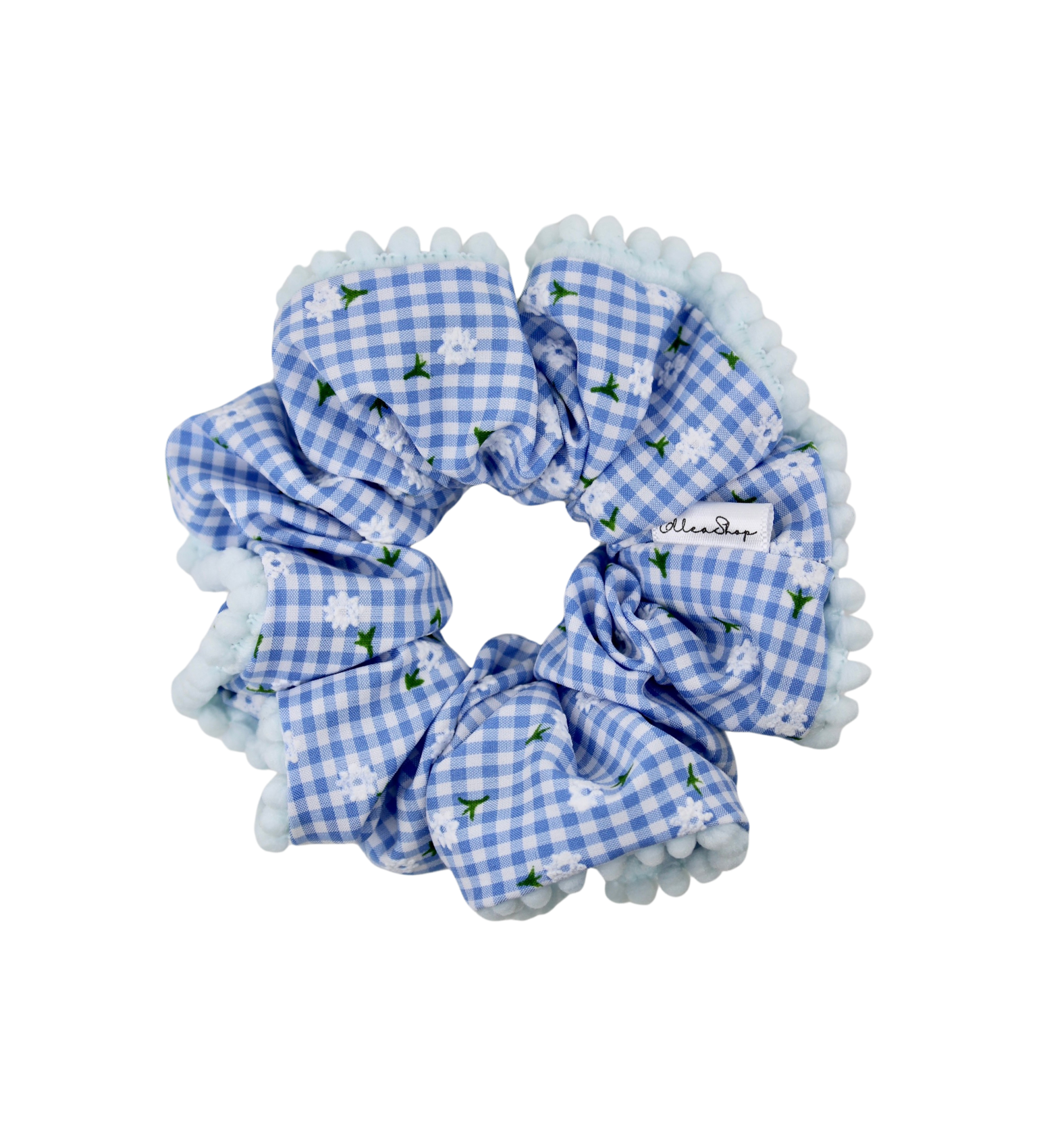 Blue Gingham Pom Pom Scrunchie - ElleaShop