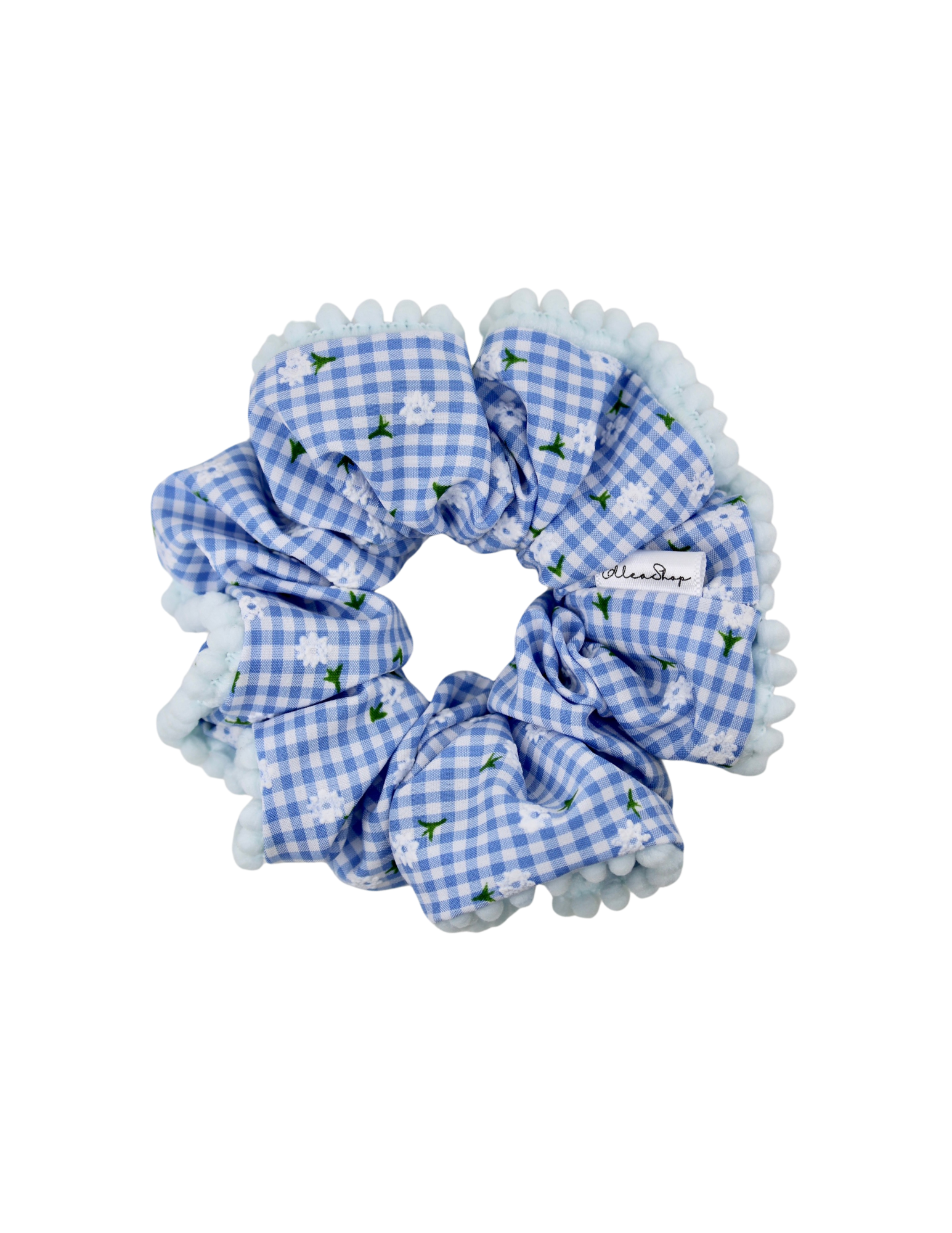 Blue Gingham Pom Pom Scrunchie - ElleaShop