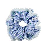 Blue Gingham Pom Pom Scrunchie - ElleaShop