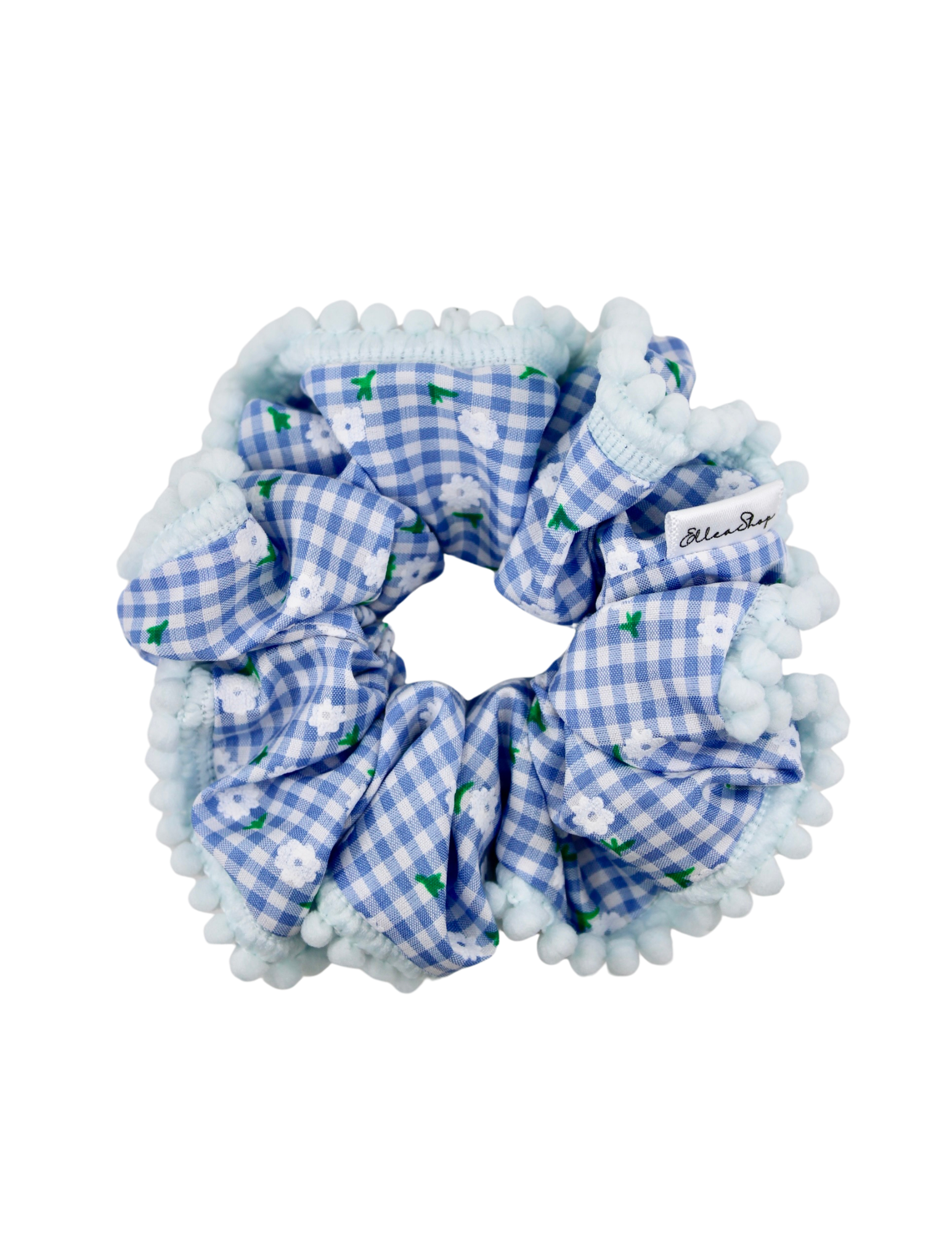 Blue Gingham Pom Pom Scrunchie - ElleaShop