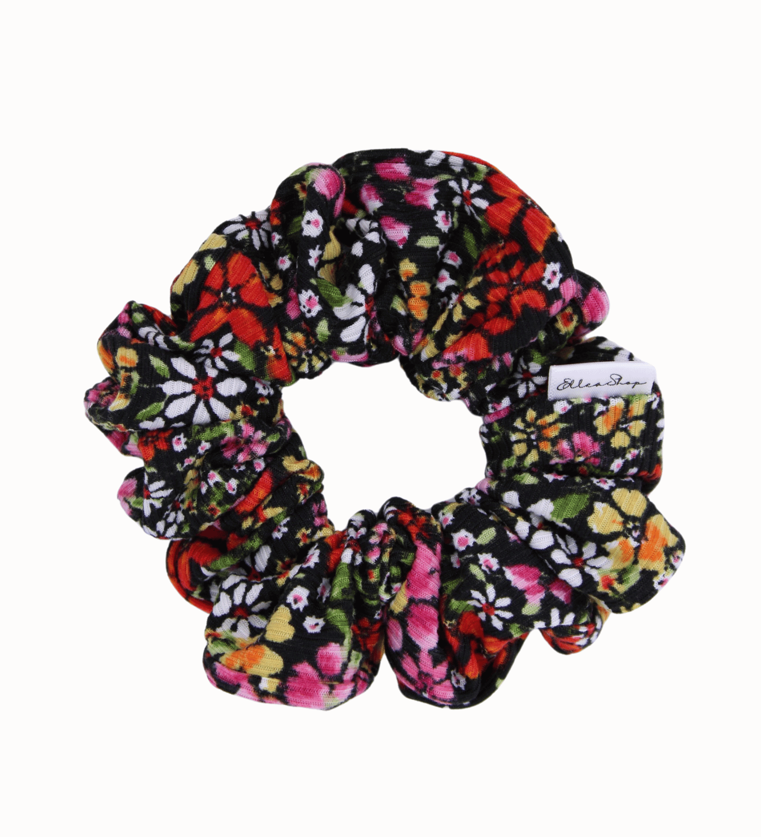 Black Floral Ribbed Scrunchie - ElleaShop