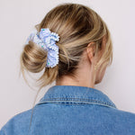 Blue Gingham Pom Pom Scrunchie - ElleaShop