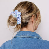Blue Gingham Pom Pom Scrunchie - ElleaShop
